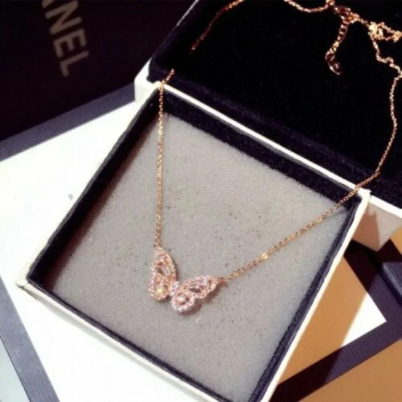S925 Rose Gold Simulated Diamond Butterfly Necklace - Picture 3 of 8